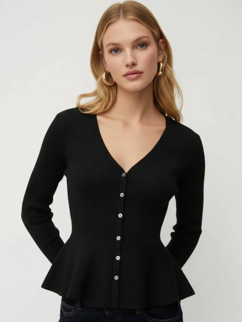 NWT Cider Knit V-Neck Cinched Waist Button-Up Cardigan, Black, Size: L